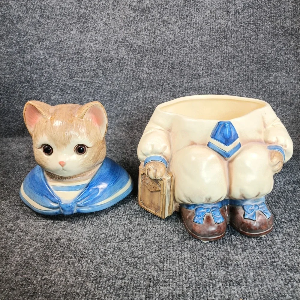Vintage Cat Cookie Jar Ceramic Sailor Kitten Blue White Anthropomorphic Japan